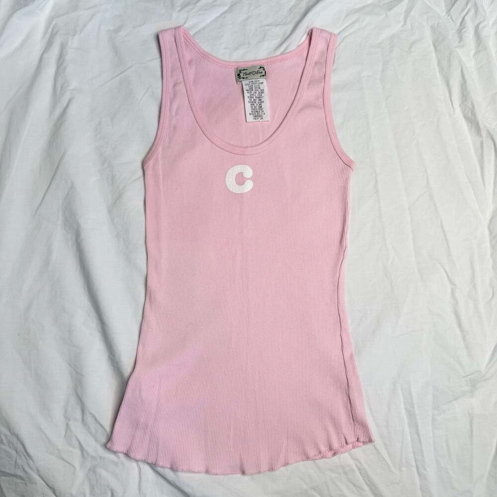 Vintage pink ribbed cotton tank top with glitter “C” screen print